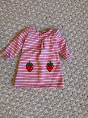 Baby Boden Pink and White Striped Dress with Strawberry Pockets